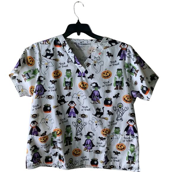 V Life Nurse Scrub Uniform Womens L Trick or Treat Halloween Professional Top - Picture 1 of 7
